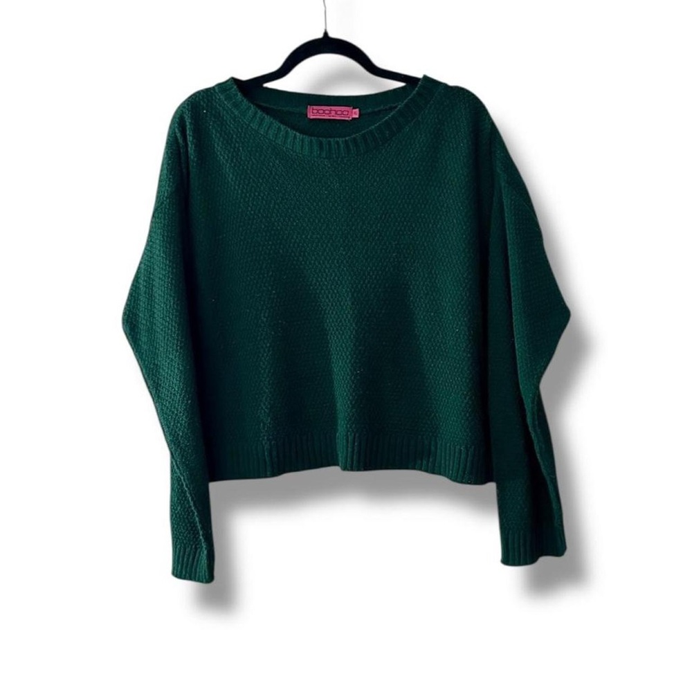 Boohoo cozy dark forest green cropped open knit long sleeve sweater XL